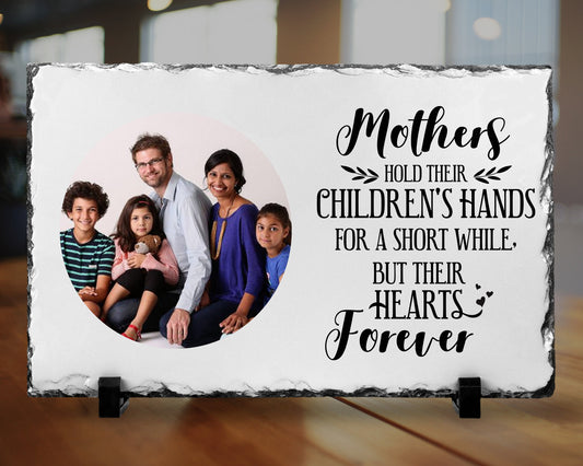 Personalised Hold Hands & Hearts Gift For Mum, Custom Made Photo Print On Slate, Cute Mum Quote, Christmas Gift, Birthday, Mothers Day