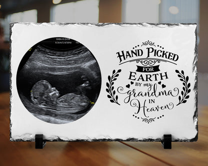 Ultrasound Photo Frame Print, Mum To Be Gift, Handpicked By Grandma In Heaven, Scan on Slate, Heavenly Quote, New Baby