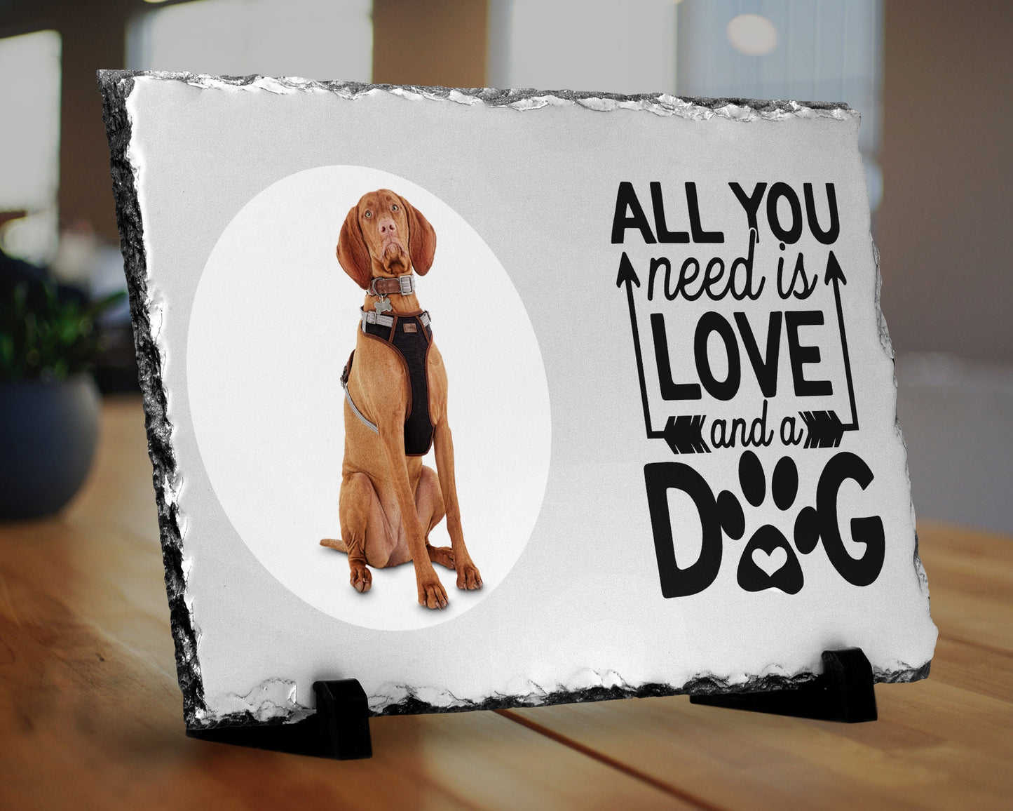 Personalised Dog Photo Frame - Dog Print Gift - Natural Slate - All You Need Is Love & A Dog
