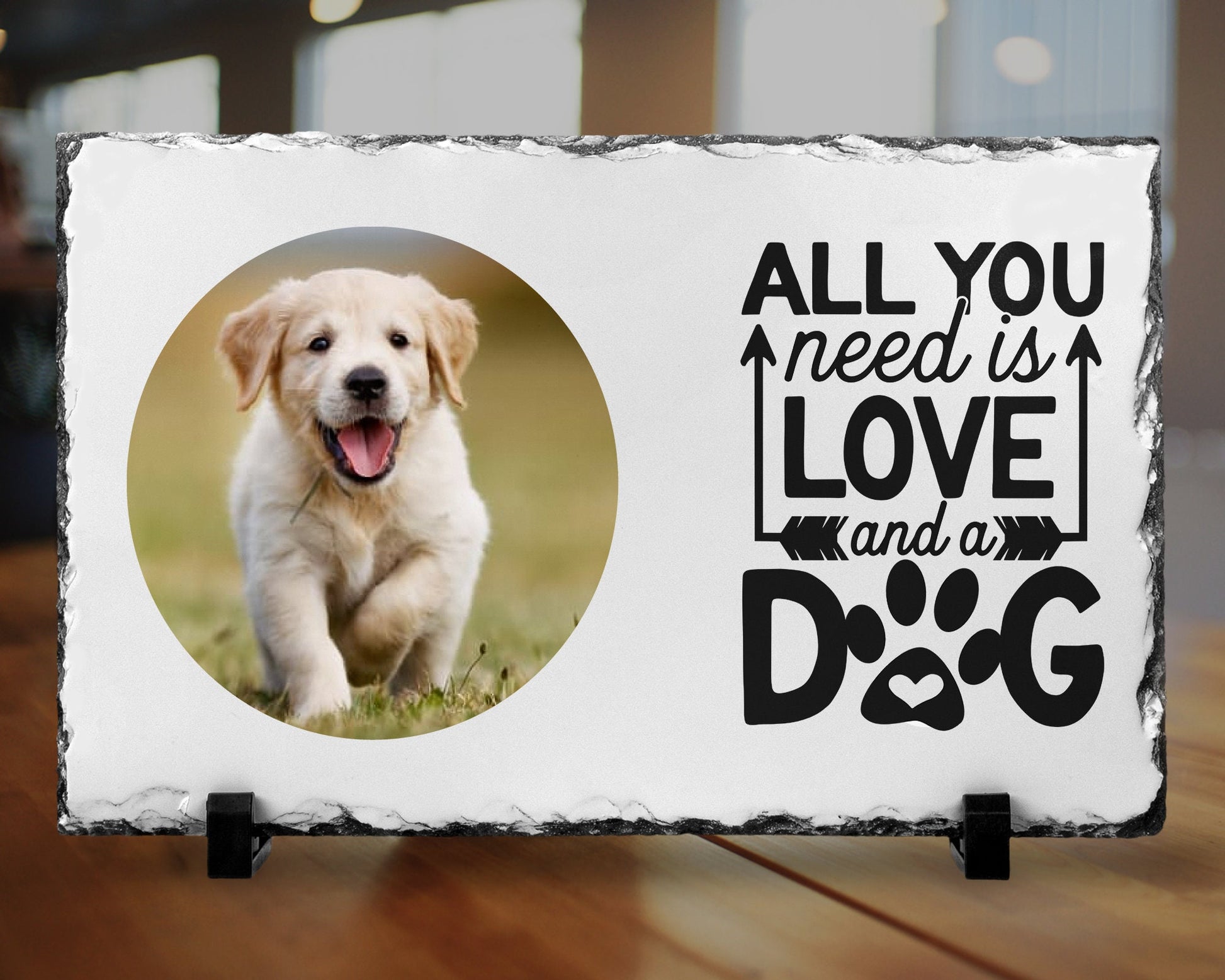 Personalised Dog Photo Frame - Dog Print Gift - Natural Slate - All You Need Is Love & A Dog