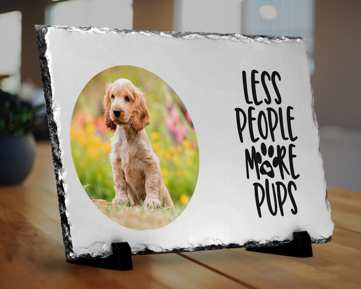 Personalised Dog Photo Frame - Dog Print Gift - Natural Slate - Less People More Pups