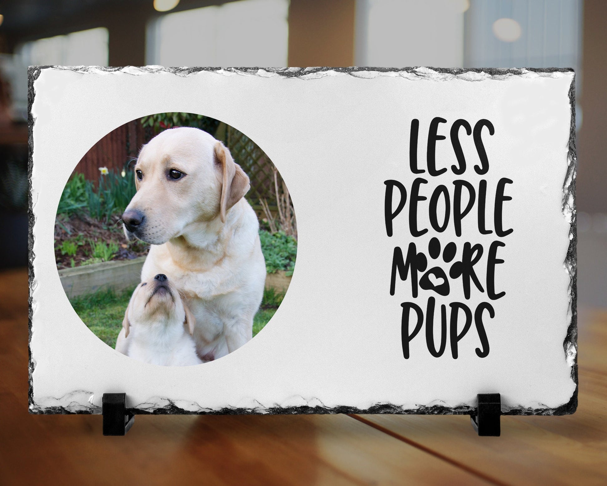 Personalised Dog Photo Frame - Dog Print Gift - Natural Slate - Less People More Pups
