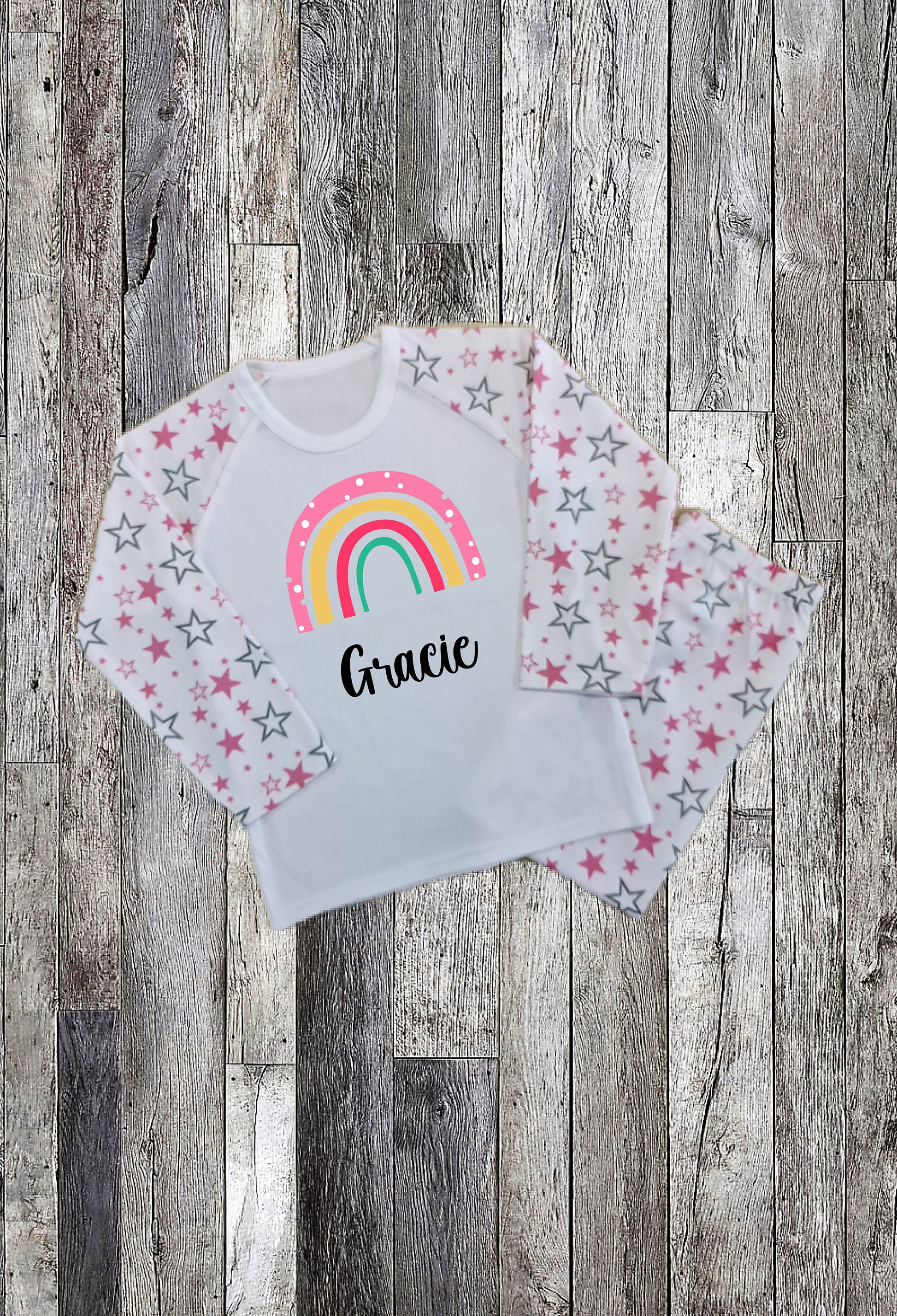 Personalised Rainbow Girls Pyjamas - Clouds - Customised Name Girls Nightwear - Pyjamas Set - Custom Gift For Girls