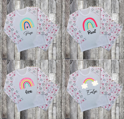Personalised Rainbow Girls Pyjamas - Clouds - Customised Name Girls Nightwear - Pyjamas Set - Custom Gift For Girls