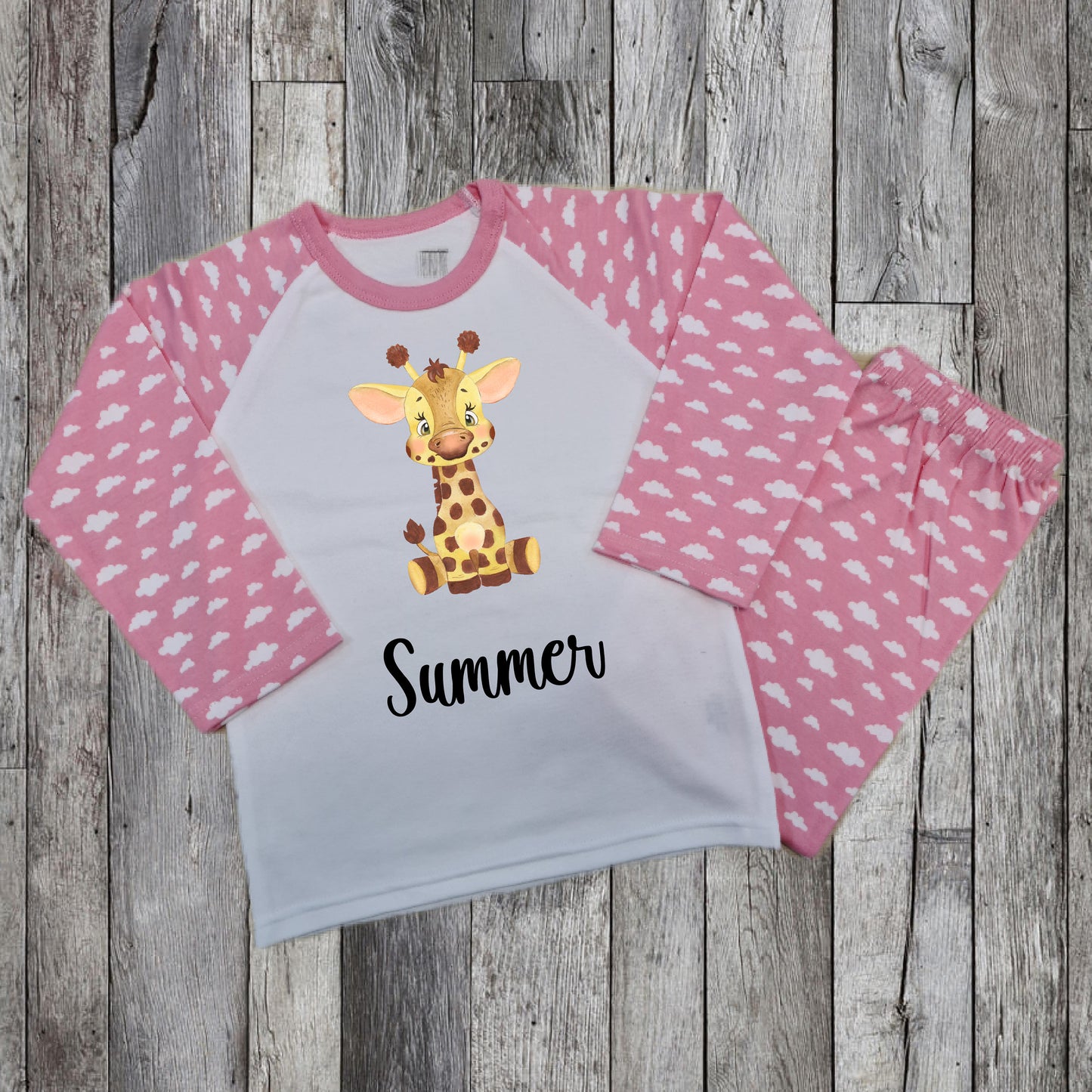 Personalised Baby Giraffe Name Pyjamas - Pink Pyjamas - Custom Made Animal Print PJ'S - Long Sleeve - Clouds - Girls - Cute Print - Custom