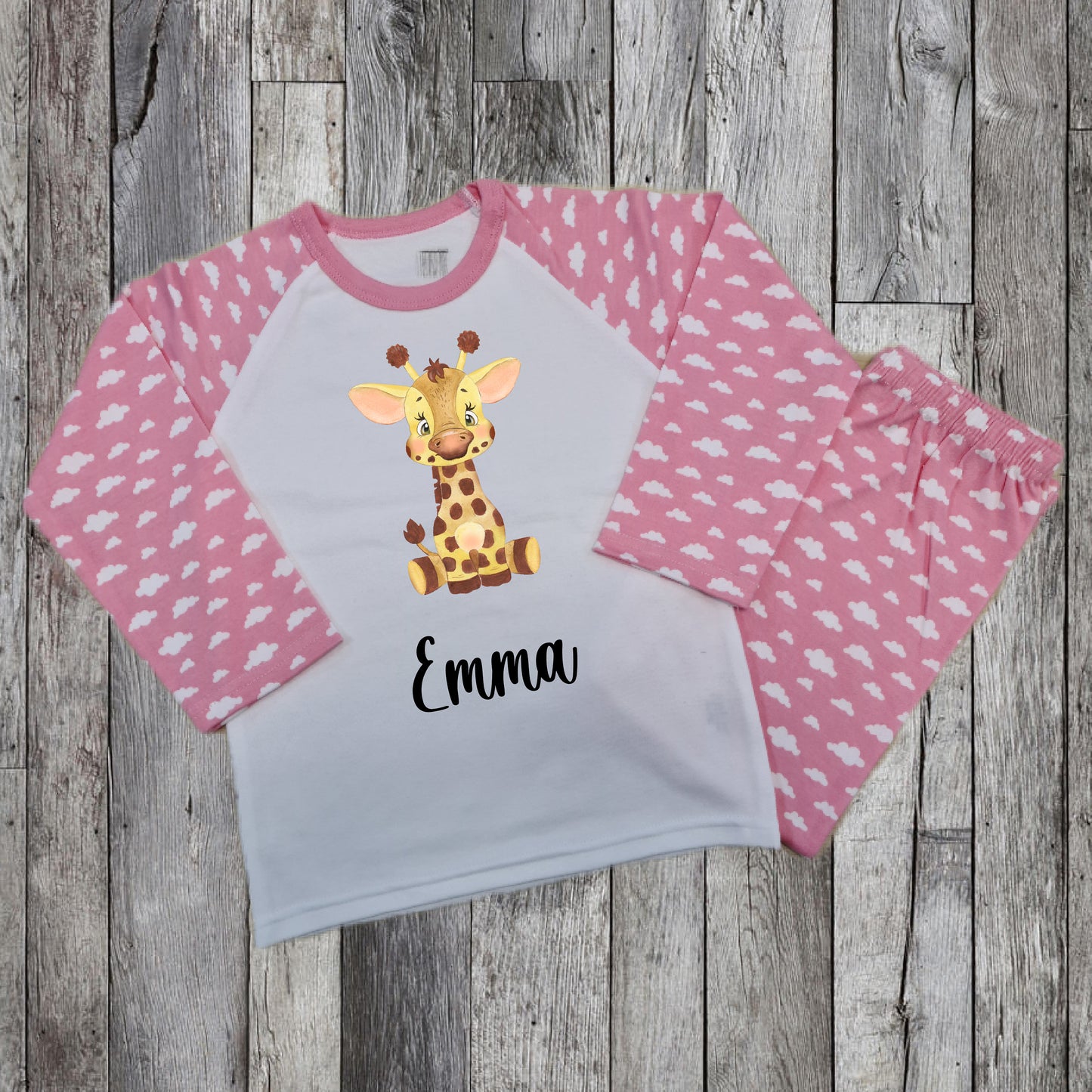 Personalised Baby Giraffe Name Pyjamas - Pink Pyjamas - Custom Made Animal Print PJ'S - Long Sleeve - Clouds - Girls - Cute Print - Custom