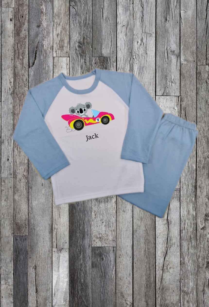 Personalised Race Car Pyjamas - Custom Made Animal Print PJ'S - Long Sleeve - Blue Boys - 1 2 3 4 5 6 7 8 9