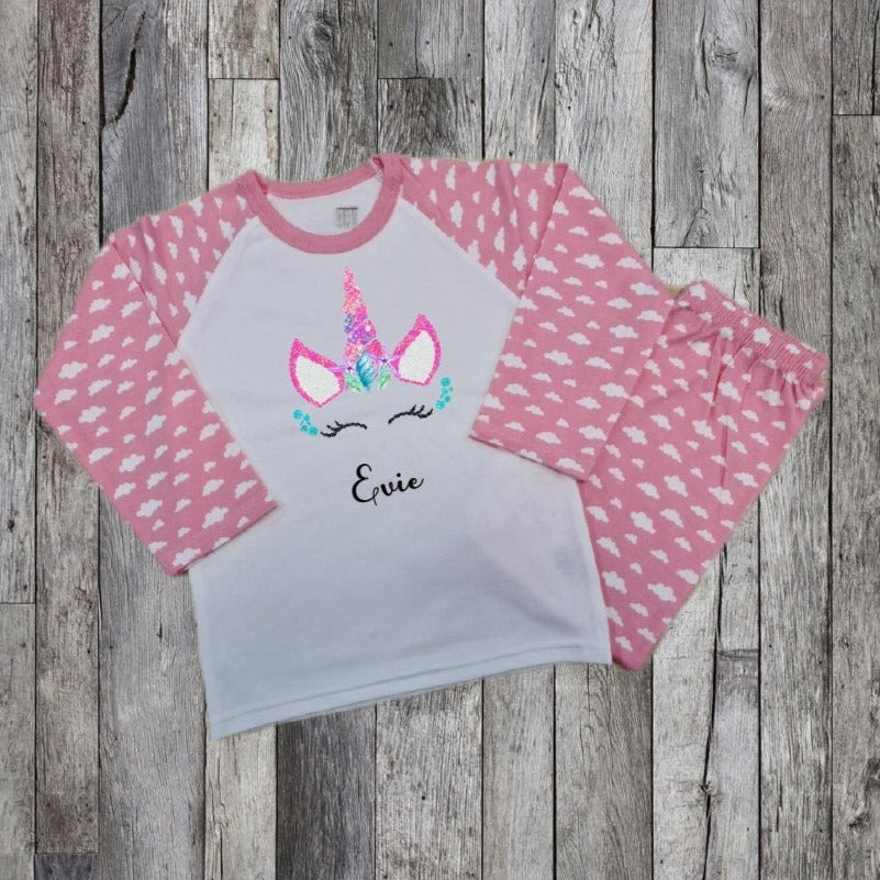 Personalised Unicorn Girls Pyjamas - Pink Clouds - Customised Name Girls Nightwear - Pyjamas Set - Custom Gift For Girls - Personalised PJ's