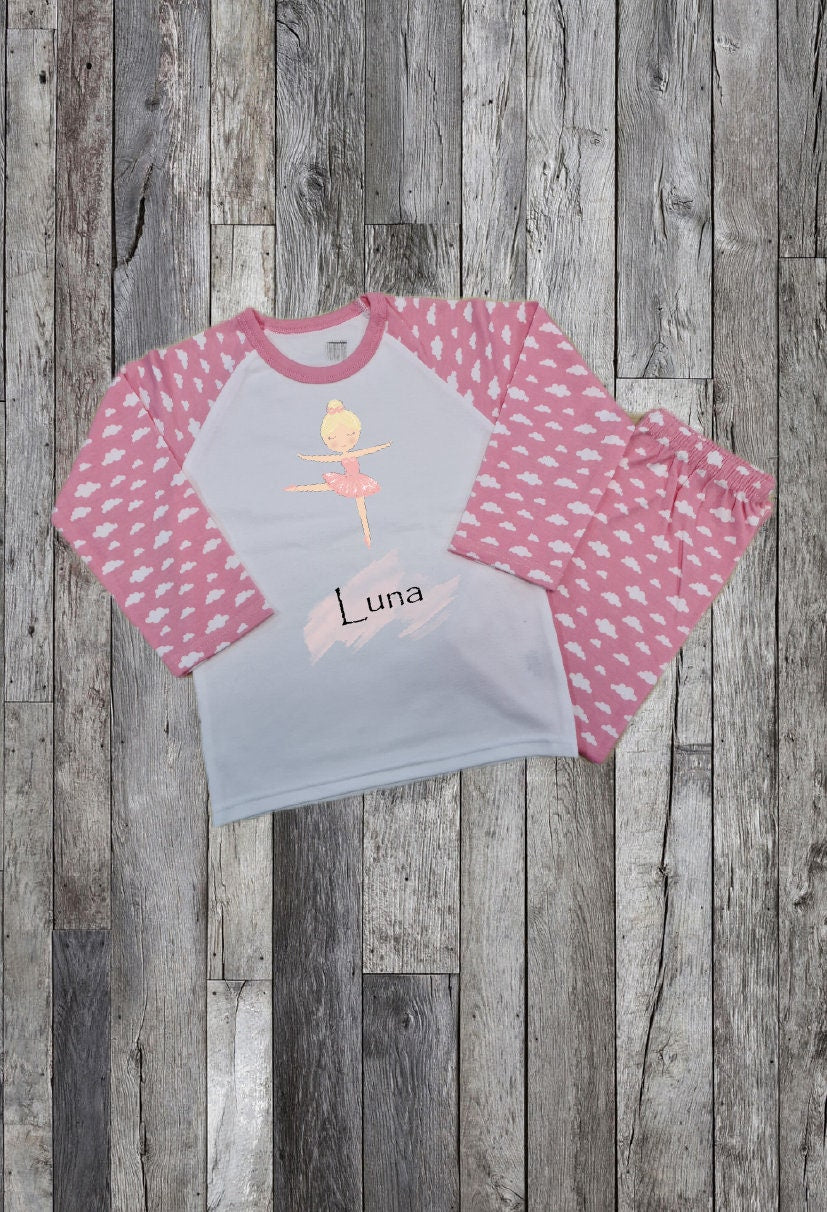 Personalised Ballerina Girls Pyjamas - Pink Clouds - Customised Name Nightwear - Pyjamas Set - Custom Gift For Girls - Personalised PJ's