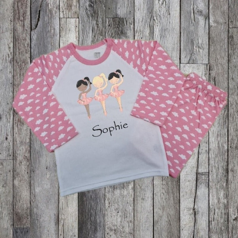 Personalised Ballerina Girls Pyjamas - Pink Clouds - Customised Name Nightwear - Pyjamas Set - Custom Gift For Girls - Personalised PJ's