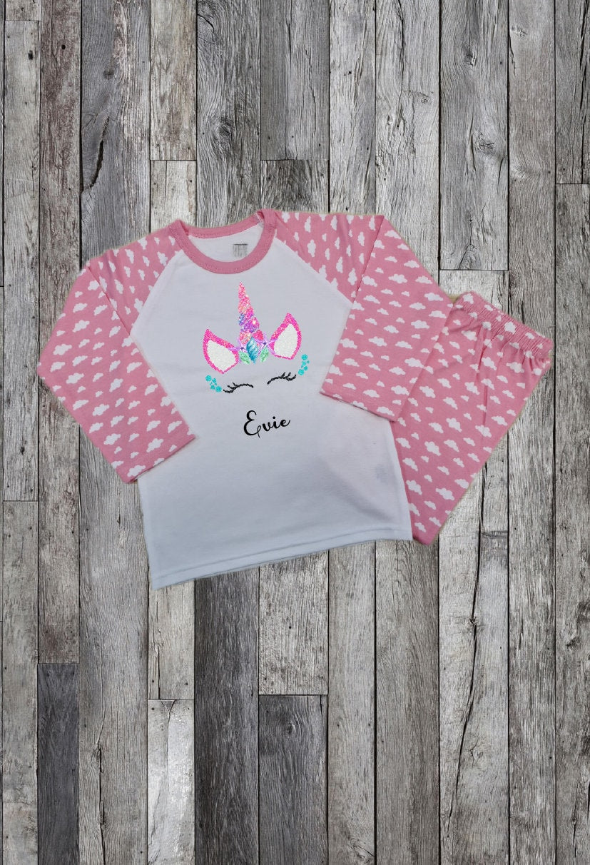 Personalised Unicorn Girls Pyjamas - Pink Clouds - Customised Name Girls Nightwear - Pyjamas Set - Custom Gift For Girls - Personalised PJ's