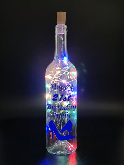 Personalised 21st Heels Birthday Gift, Light Up Wine Bottle, Gift For Her, Gift For Girlfriend, Wife Present, White Lights, Pink, Blue