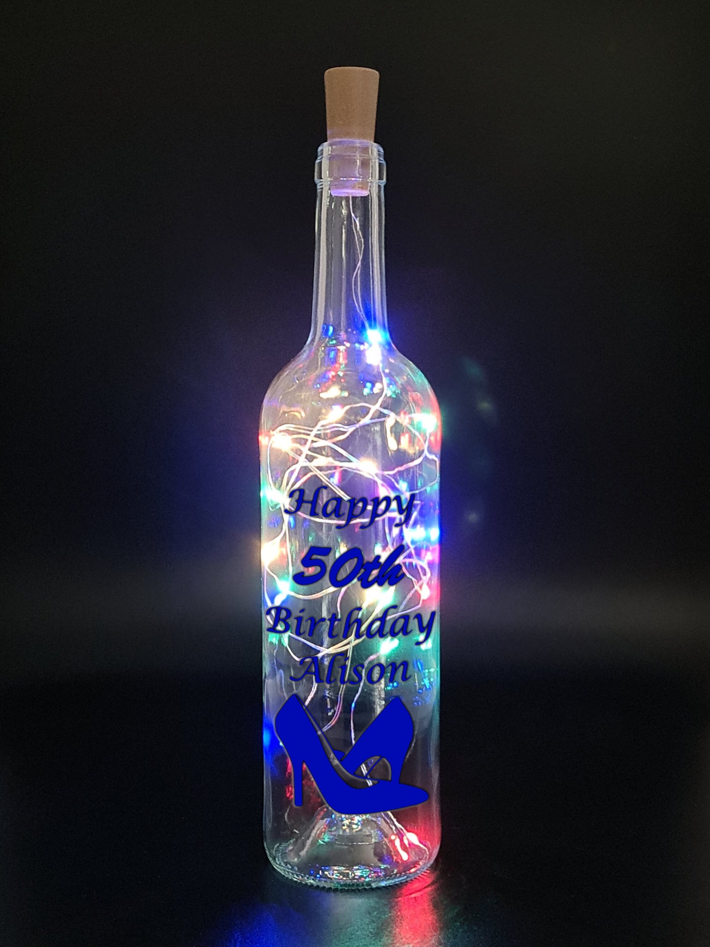 Personalised 50th Heels Birthday Gift, Light Up Wine Bottle, Gift For Her, Gift For Sister, Wife Friend Present, White Lights, Pink, Blue