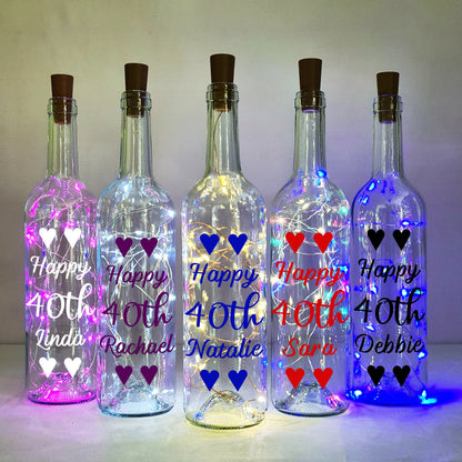 Personalised 40th Heart Birthday Gift, Light Up Wine Bottle, Gift For Her, Gift For Him, Wife Present, White Lights, Pink, Blue, Rose Gold