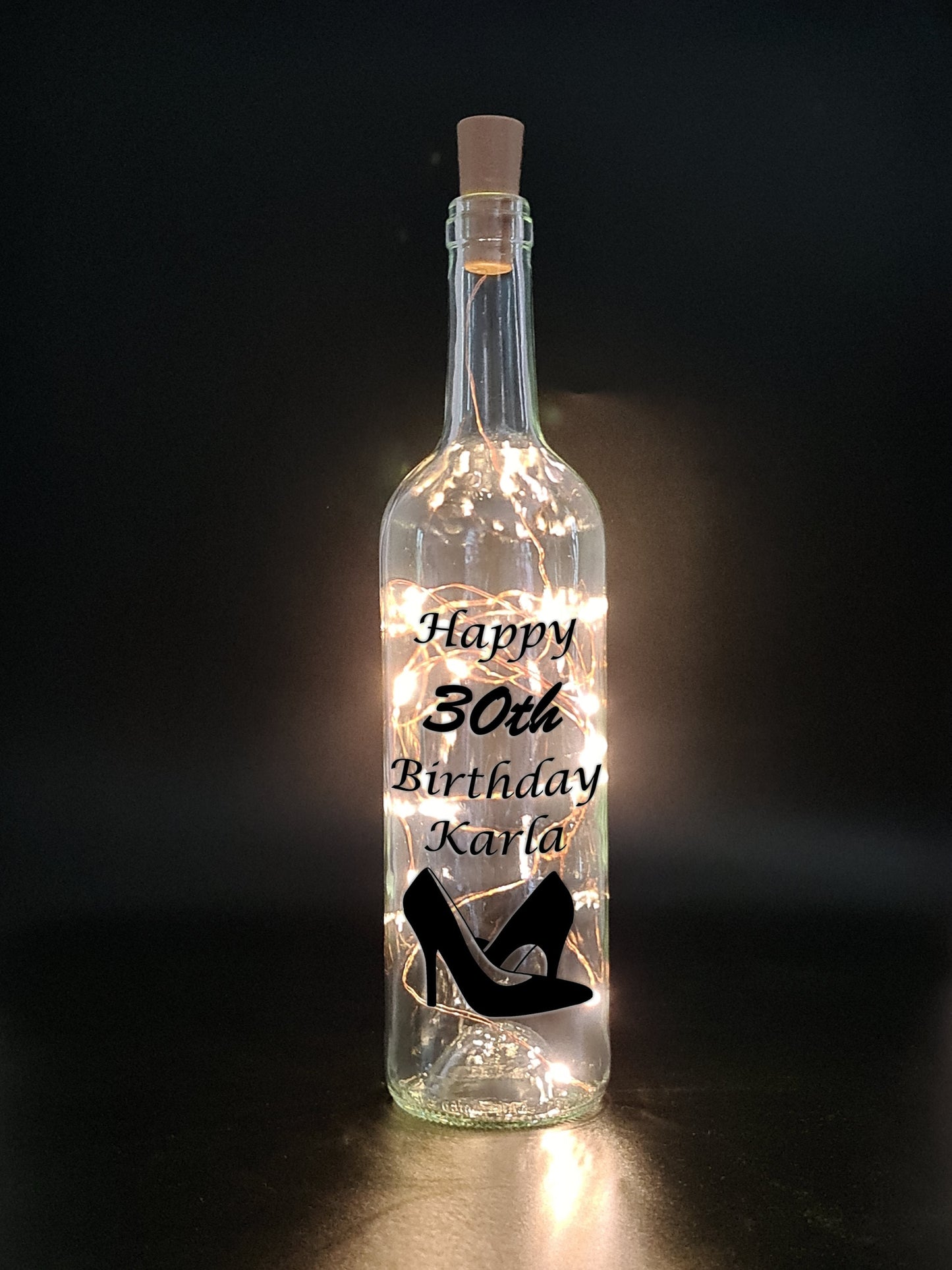 Personalised 30th Heels Birthday Gift, Light Up Wine Bottle, Gift For Her, Gift For Sister, Wife Friend Present, White Lights, Pink, Blue