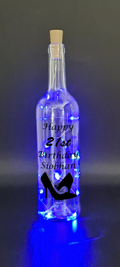 Personalised 21st Heels Birthday Gift, Light Up Wine Bottle, Gift For Her, Gift For Girlfriend, Wife Present, White Lights, Pink, Blue