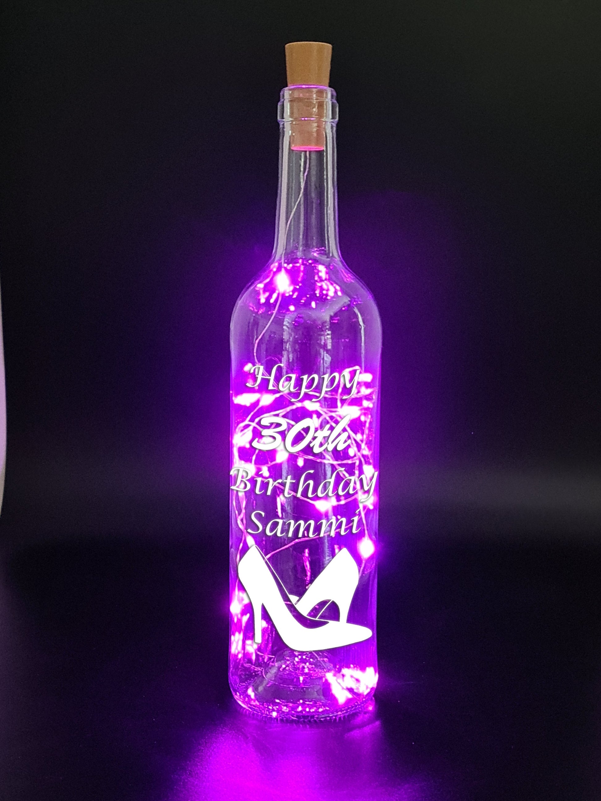 Personalised 30th Heels Birthday Gift, Light Up Wine Bottle, Gift For Her, Gift For Sister, Wife Friend Present, White Lights, Pink, Blue
