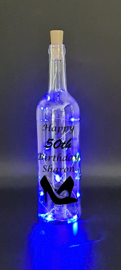 Personalised 50th Heels Birthday Gift, Light Up Wine Bottle, Gift For Her, Gift For Sister, Wife Friend Present, White Lights, Pink, Blue