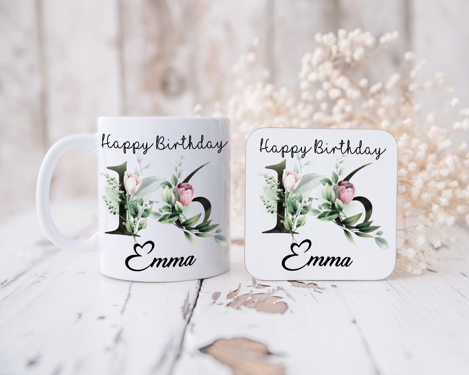 Personalised Black Floral Mug & Coaster Set, Birthday Gift For Her, 16th Gift, 18th Gift, Floral Print