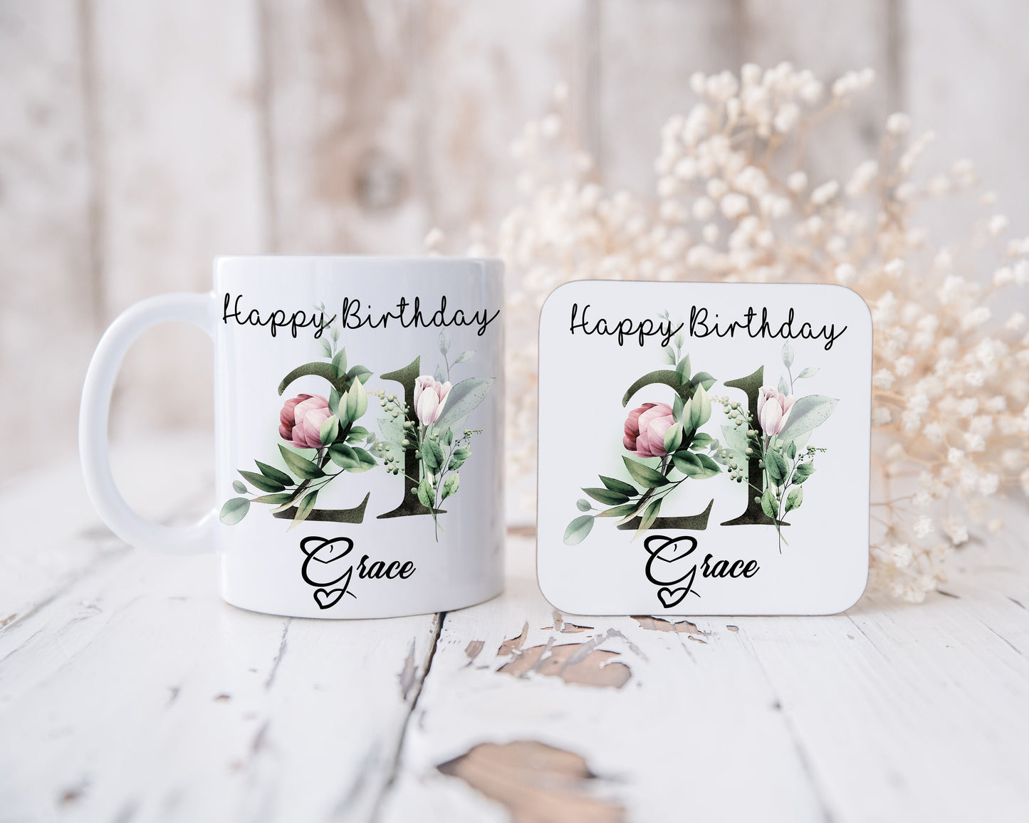 Personalised Black Floral Mug & Coaster Set, Birthday Gift For Her, 16th Gift, 18th Gift, Floral Print
