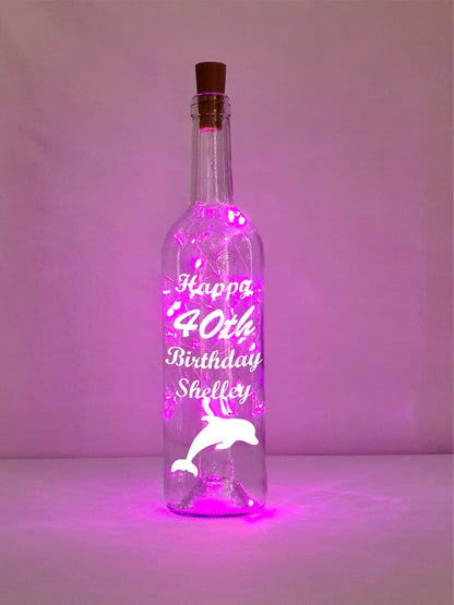 Personalised 40th Dolphin Birthday Gift, Light Up Wine Bottle, Gift For Her, Gift For Him, Mum, Wife Present, White Lights, Pink, Blue