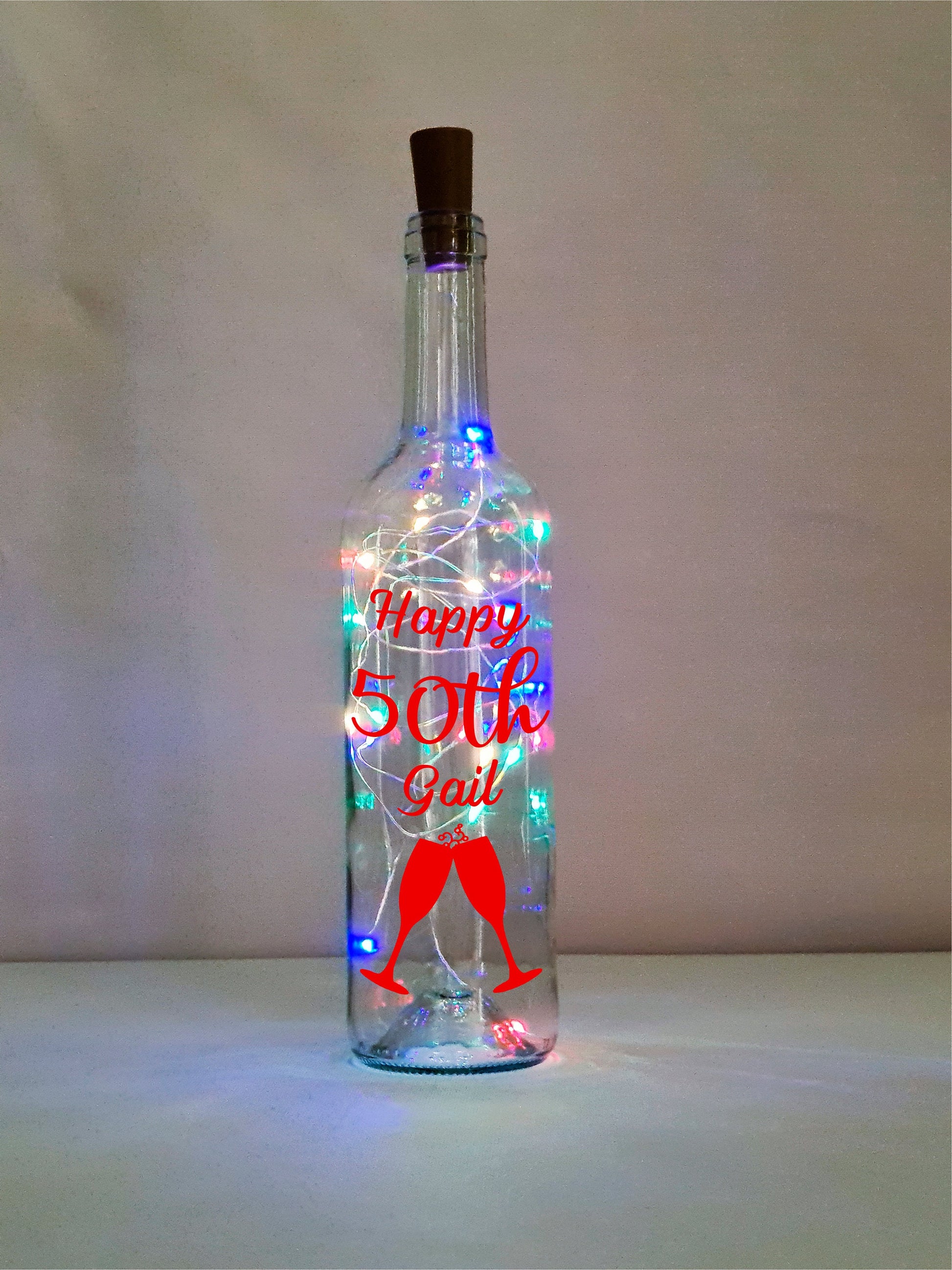Personalised 50th Champagne Birthday Gift, Light Up Wine Bottle, Gift For Her, Gift For Him, Sister Present, Daughter, White, Pink, Blue