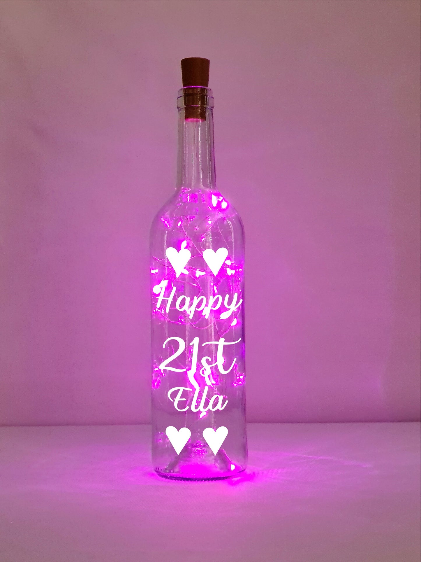 Personalised 21st Heart Birthday Gift, Light Up Wine Bottle, Heart Gift For Her, Gift For Him, Wife Present, White Lights, Pink, Blue
