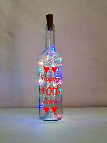 Personalised 40th Heart Birthday Gift, Light Up Wine Bottle, Gift For Her, Gift For Him, Wife Present, White Lights, Pink, Blue, Rose Gold