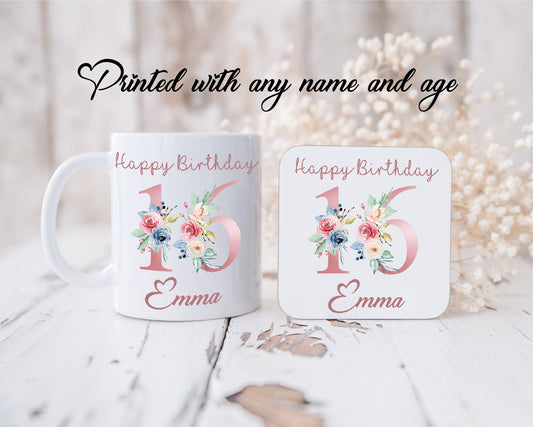 Personalised Birthday Mug with Name & Coaster, Personalized Birthday Gift Box for Her, 16th Birthday Mug For Her, Rose Gold Floral Mug