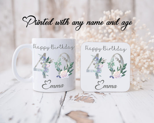 Personalised Silver Floral Mug & Coaster Set, Birthday Gift For Her, 16th Gift, 18th Gift, Floral Print