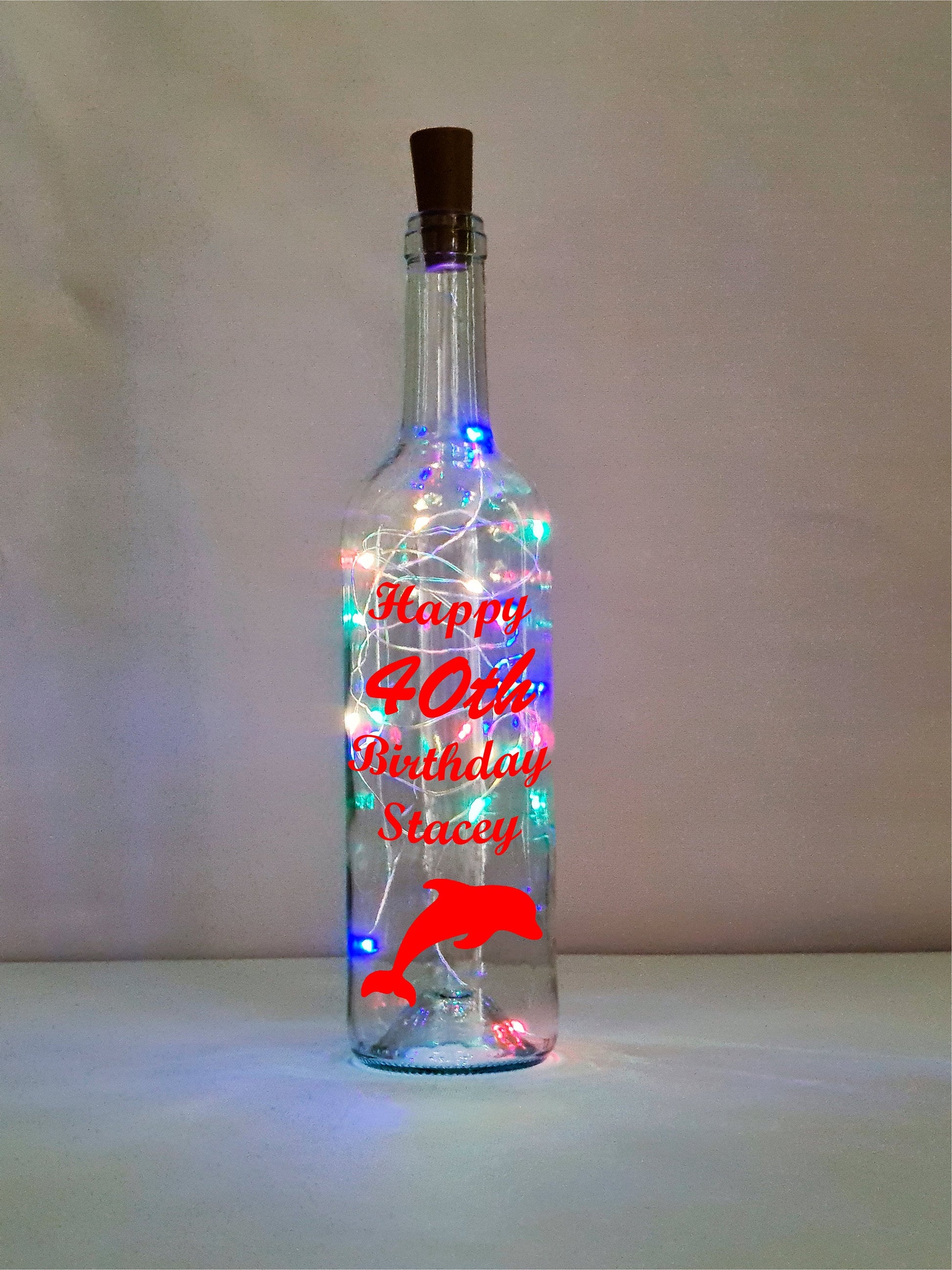Personalised 40th Dolphin Birthday Gift, Light Up Wine Bottle, Gift For Her, Gift For Him, Mum, Wife Present, White Lights, Pink, Blue