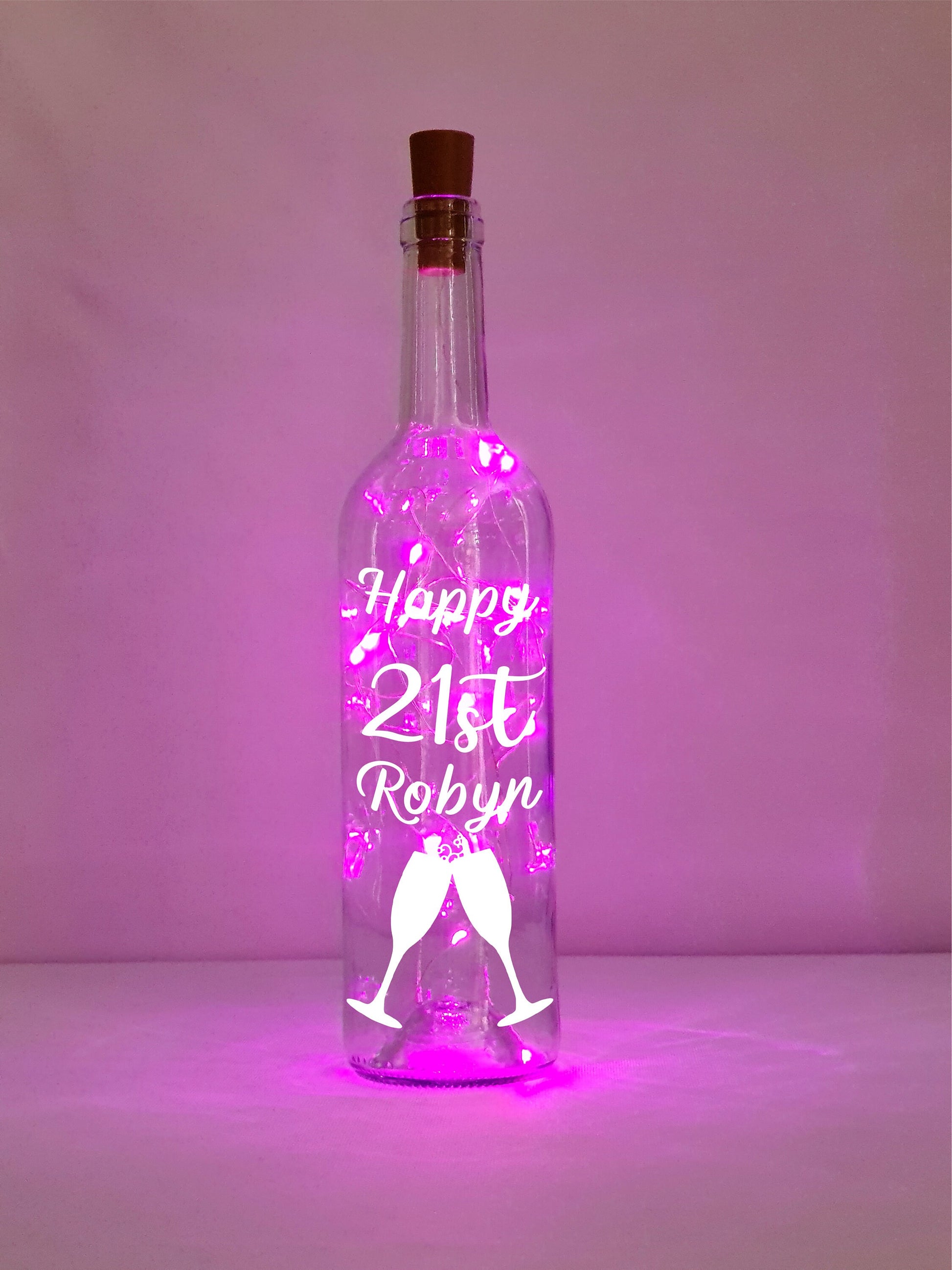 Personalised 21st Champagne Birthday Gift, Light Up Wine Bottle, Gift For Her, Gift For Him, Sister Present, Daughter, White, Pink, Blue