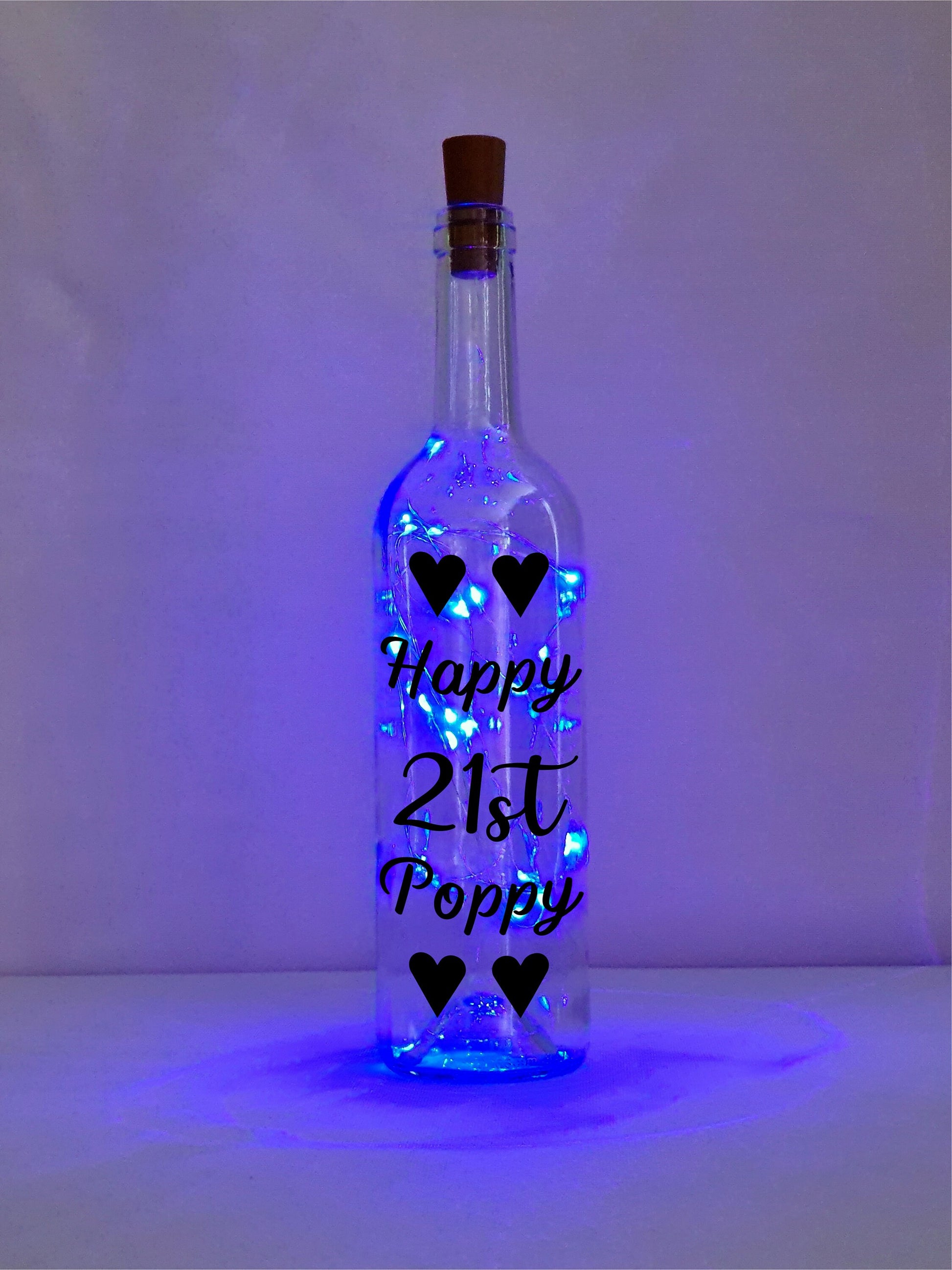 Personalised 21st Heart Birthday Gift, Light Up Wine Bottle, Heart Gift For Her, Gift For Him, Wife Present, White Lights, Pink, Blue