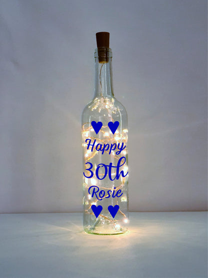 Personalised 30th Heart Birthday Gift, Light Up Wine Bottle, Gift For Her, Gift For Him, Wife Present, White Lights, Pink, Blue, Rose Gold
