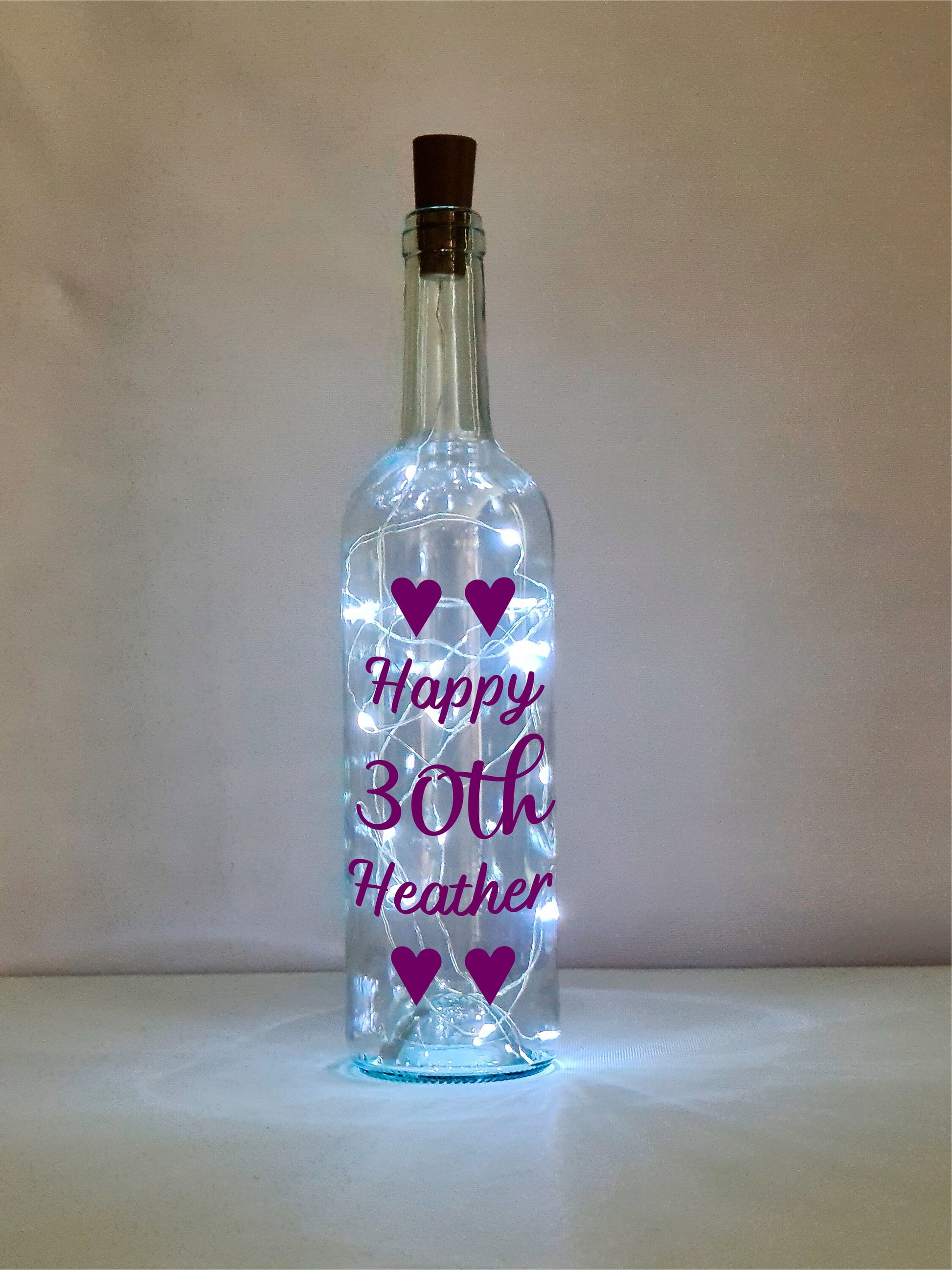 Personalised 30th Heart Birthday Gift, Light Up Wine Bottle, Gift For Her, Gift For Him, Wife Present, White Lights, Pink, Blue, Rose Gold