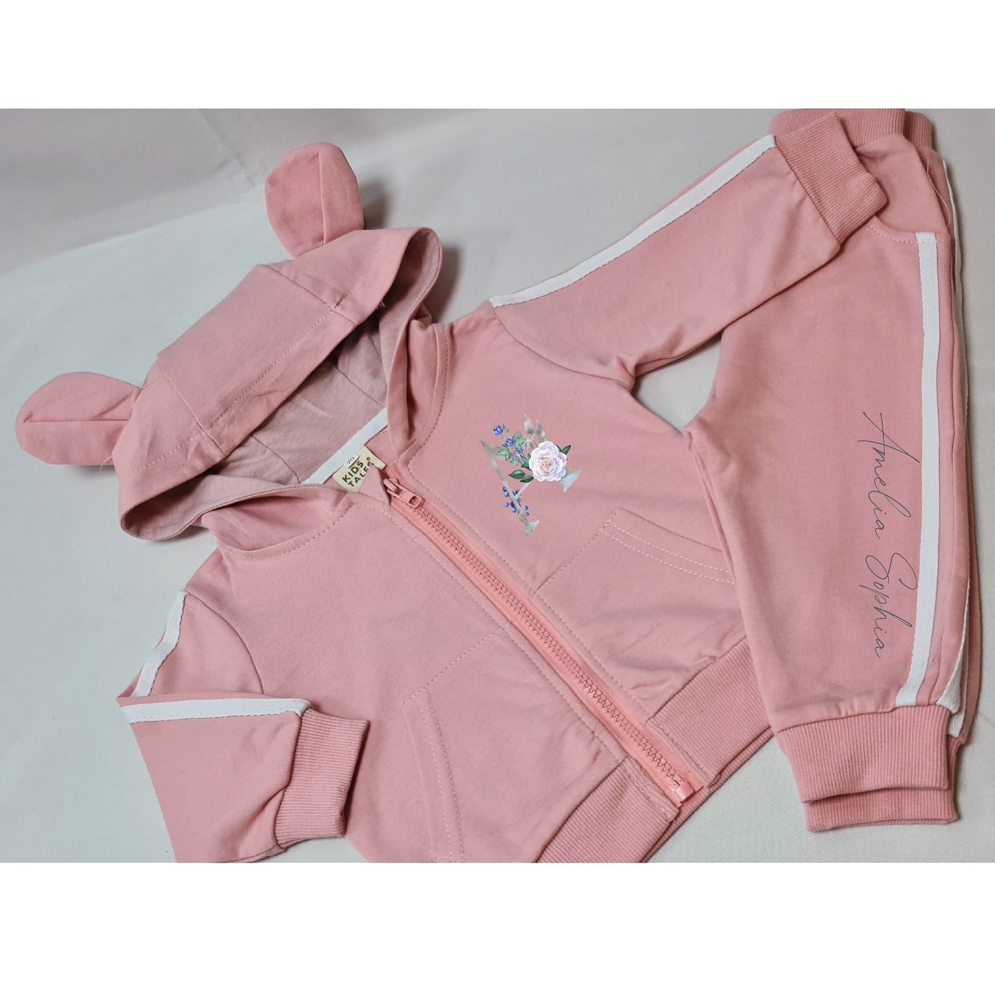 Personalised Children's Ear Loungewear Tracksuit, Silver Floral Initial & Name, 2 Piece Hooded Outfit, Baby, Toddler, Child's Zip Up Trackie