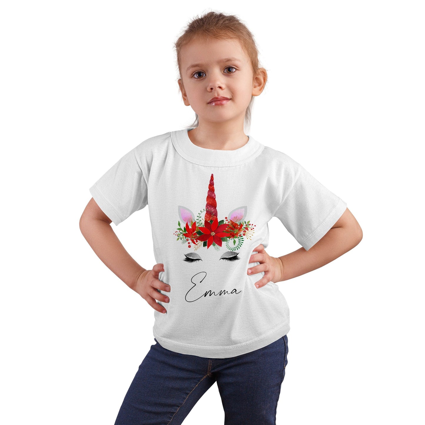 Personalised Children's Girls T-Shirt, Red Unicorn Design With Name, Custom Clothing, Kids Tee, Floral
