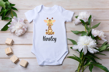 Personalised Babygrow Unisex Vest, Cute Sitting Giraffe With Name, Custom Clothing, Baby, Girls, Boys