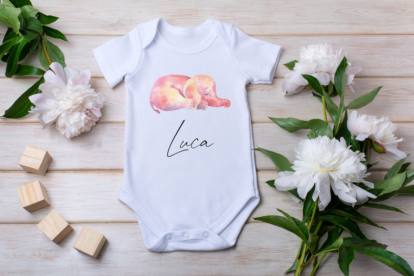 Personalised Babygrow Unisex Vest, Cute Sleeping Elephant With Name, Custom Clothing, Baby, Girls, Boys